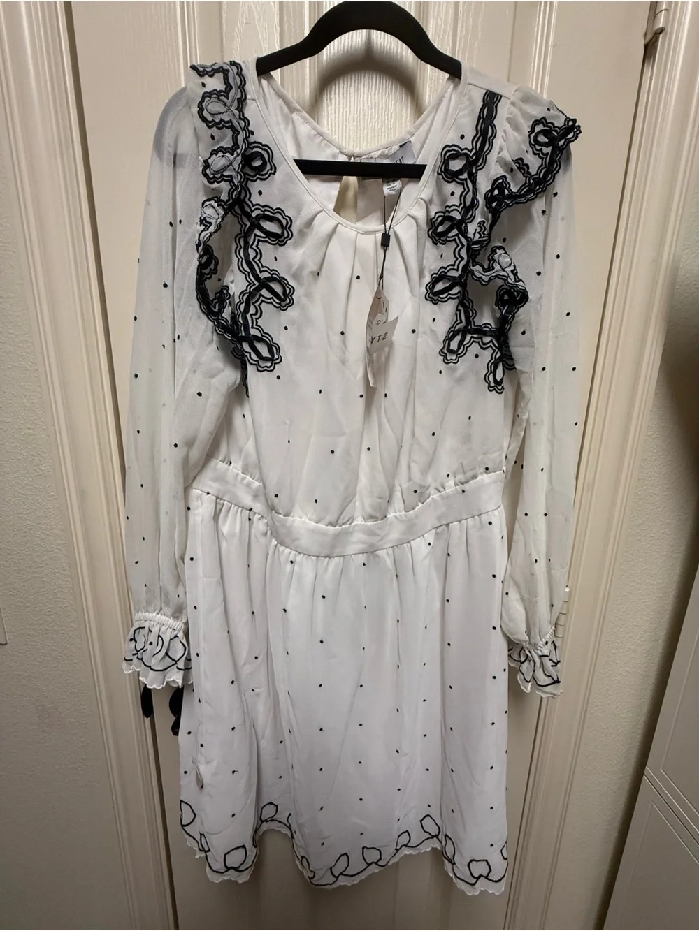Girls White Dot Ruffle Dress with Navy Embroidery
